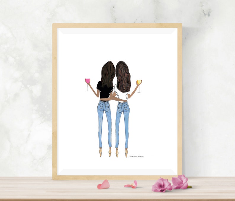 Two brunette friends medium skin tones with wine hugging, gift for best friend, best friend gift, sister gift, best friend birthday roommate image 5