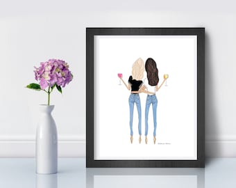 Blonde and Brunette Friends with Wine Fashion Illustration Print by Roxy's Illustrations Friendship Wall Art, Unique Best Friend, Woman Gift