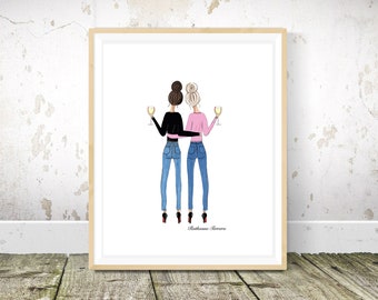 DIGITAL DOWNLOAD Blonde and brunette with wine drawing, best friend drawing, gift for best friend, best friend birthday, planner art