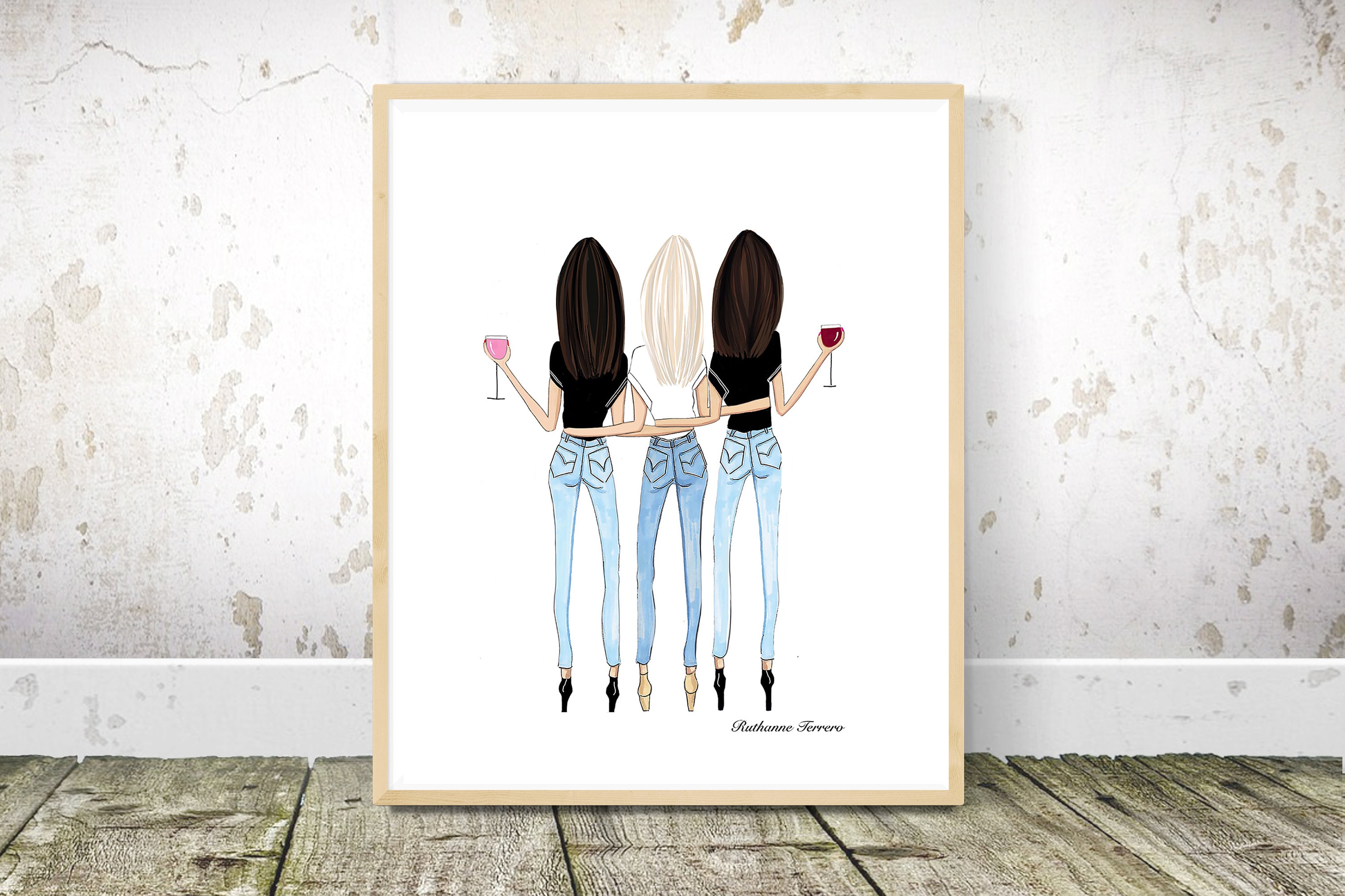 Three Friends Drawing by Roxy's Illustrations, Two Brunettes and a