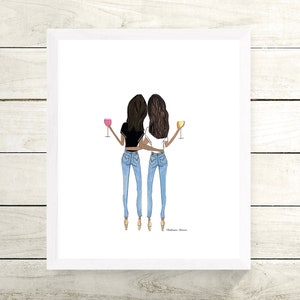 Two brunette friends medium skin tones with wine hugging, gift for best friend, best friend gift, sister gift, best friend birthday roommate image 2