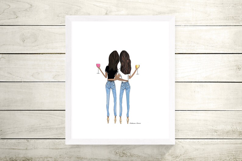 Two brunette friends medium skin tones with wine hugging, gift for best friend, best friend gift, sister gift, best friend birthday roommate image 2