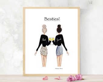 Puede incluir: Una impresión de arte imprimible con dos mujeres de pelo rubio y castaño, que llevan chaquetas negras con las palabras "Best" y "Friends" en la espalda, sosteniendo copas de champán. La impresión tiene el texto "Besties!" en la parte superior.