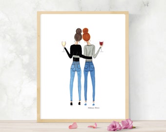 Digital File: Brunette and Redhead With Wine Drawing by Roxy's Illustrations