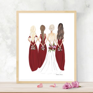 May include: A framed illustration of a bride and three bridesmaids. The bridesmaids wear burgundy dresses and hold bouquets. The bride is in a white dress. The artwork features the backs of the figures, with varying hairstyles.