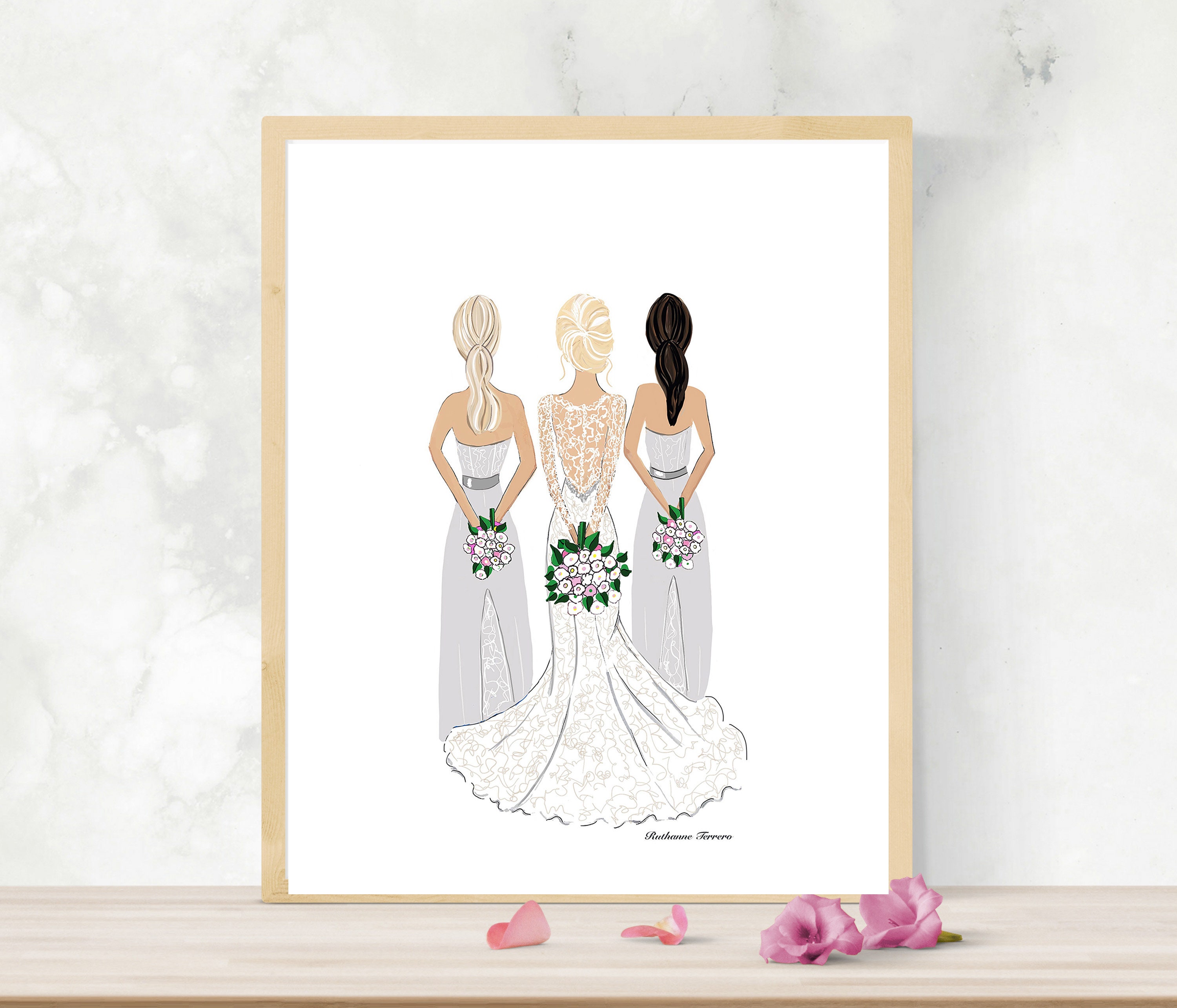 Custom bridal illustration with bridesmaids hand-drawn | Etsy