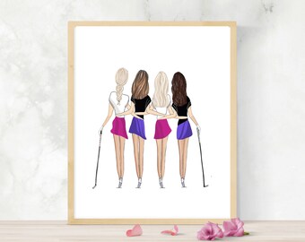 Girlfriend Golf Friendship Illustration Print With Hair Changes by Roxy's Illustrations, golf pals wall art, personalized golf gift