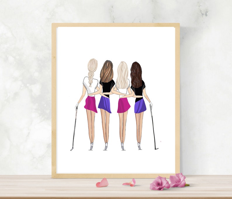 Girlfriend Golf Friendship Illustration Print With Hair Changes by Roxy's Illustrations, golf pals wall art, personalized golf gift image 1