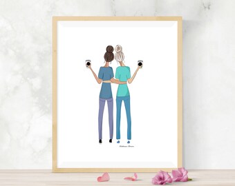 Personalized Women in Scrubs With Coffee Fashion Illustration Print by Roxy's Illustrations