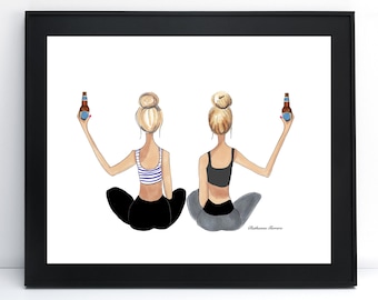 Personalized Yoga and Beer Friends Illustration Print by Roxy's Illustrations, yoga wall art gift, exercise studio art, pilates gift yoga