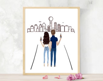 Dallas Engaged Couple Art, Man and Woman in Dallas Drawing, Cheers to Dallas, Dallas Friend Gift, Dallas Couple Anniversary Gift