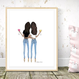 Two brunette friends medium skin tones with wine hugging, gift for best friend, best friend gift, sister gift, best friend birthday roommate image 1