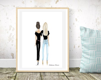 Best friends drawing brunette updo and blonde with long hair, best friend birthday gift, friend gift, gift for best friend, blonde bestie