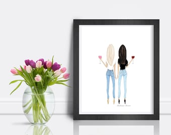 Brunette and Blonde With Wine With Long Hair by Roxy's Illustrations, Galentine gift for best friend, best friend birthday, goodbye friend