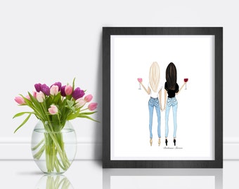 May include: A framed art print featuring an illustration of two women holding wine glasses. One woman has blonde hair and the other has dark hair. They are wearing jeans and t-shirts. A vase of tulips is in the foreground.