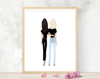 May include: Two women with long hair are standing side by side, facing away from the viewer. The woman on the left has dark hair and is wearing black pants. The woman on the right has blonde hair and is wearing blue jeans. They are both wearing black shirts and are holding each other's arms.