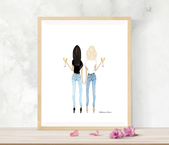 Blonde And Brunette Friends With Wine Best Friend Gift Best Etsy