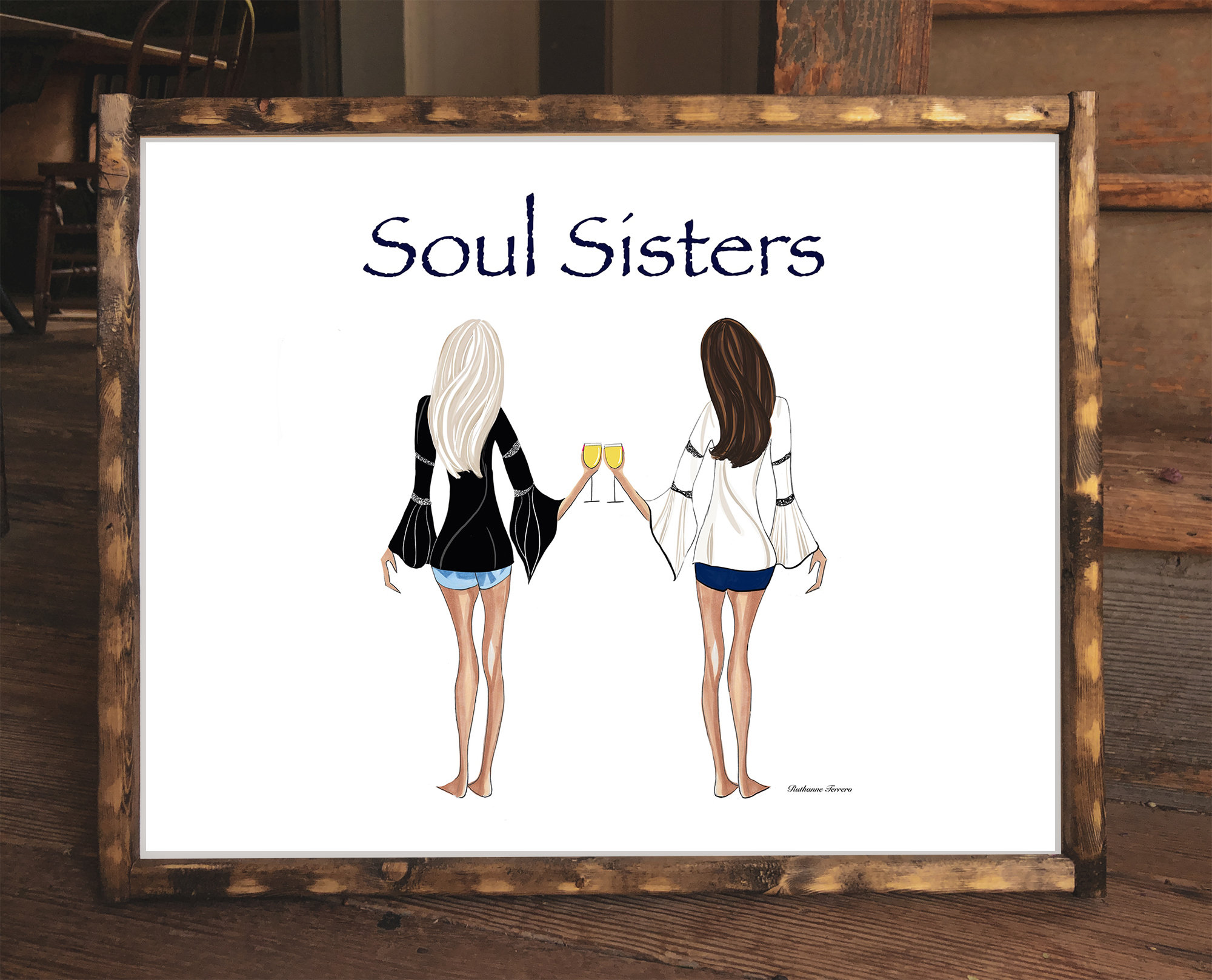 Soul Sisters With Wine drawing with multiple hair colors, sorority gift, gift for best friend, best friend gift