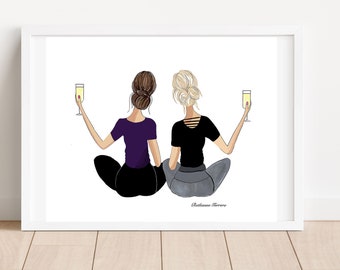 New Year, New Us! Drawing by Roxy's Illustrations, Change Hair Best Friends With Champagne Wall Art, Gift for Yoga Teacher, Pilates Wall Art