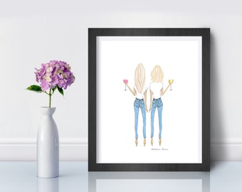 2 Blondes Best Friends Illustration, blonde sisters, gift for best friend, valentine blonde bff, galentine gift, blonde birthday