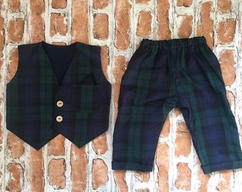 Handmade boys tartan waistcoat and pants set, Christmas outfit, toddler clothes set, matching set, winter baby, unique outfit, baby gift.