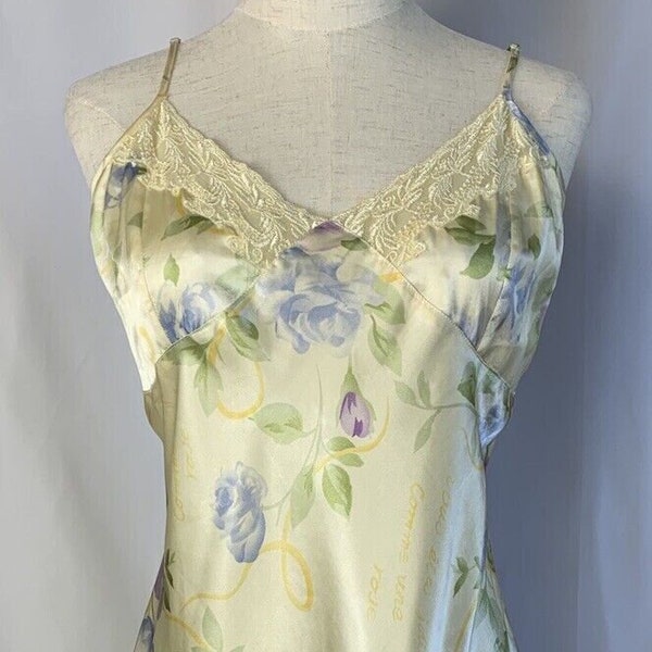 Early 1980s Pastel Yellow French Garden Lingerie Set Slip Dress + Chiffon Robe Size Large