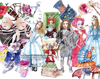 Alice in Wonderland Watercolor Clip Art, Hand painted Character clipart, Instant download PNG file - 300 dpi