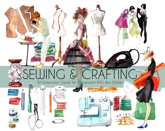 Sewing and Crafting Watercolor clipart, Handpainted elements for Personal and Commercial Use