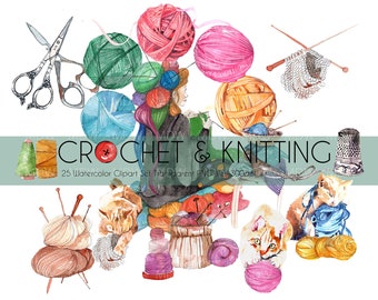 Crochet and Knitting Watercolor clipart, Handpainted elements, Cat and wool clip art for Personal and Commercial Use