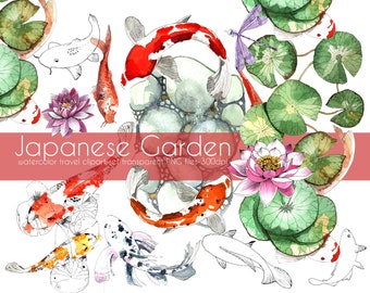 Japanese Garden Watercolor Travel Clipart Digital Download Travel East Asia Lotus Butterfly Koi Fish Dragonfly transparent PNG files-300dpi