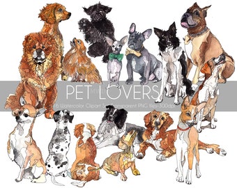 Watercolor Dog Lovers, Hand painted elements, Pet lovers clipart for Personal and Commercial Use