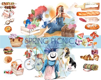 Spring Picnic Clipart, Hand painted elements, Food and Travel clipart for Personal and Commercial Use