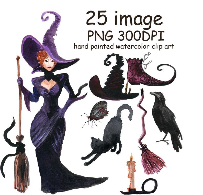 Watercolor Clip Art Happy Halloween Witch Lantern Hat Broomstick Bat Black cats Pampkins clipart Halloween planner DIY elements handpaint