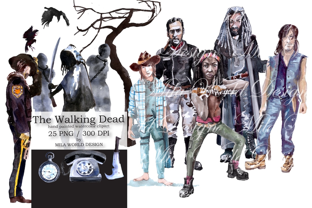 The Walking Dead Watercolor Clip Art, Hand Painted Character Clipart ...