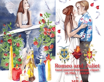 Romeo and Juliet Watercolor Clip art, Hand painted Character clipart, Instant download PNG file - 300 dpi