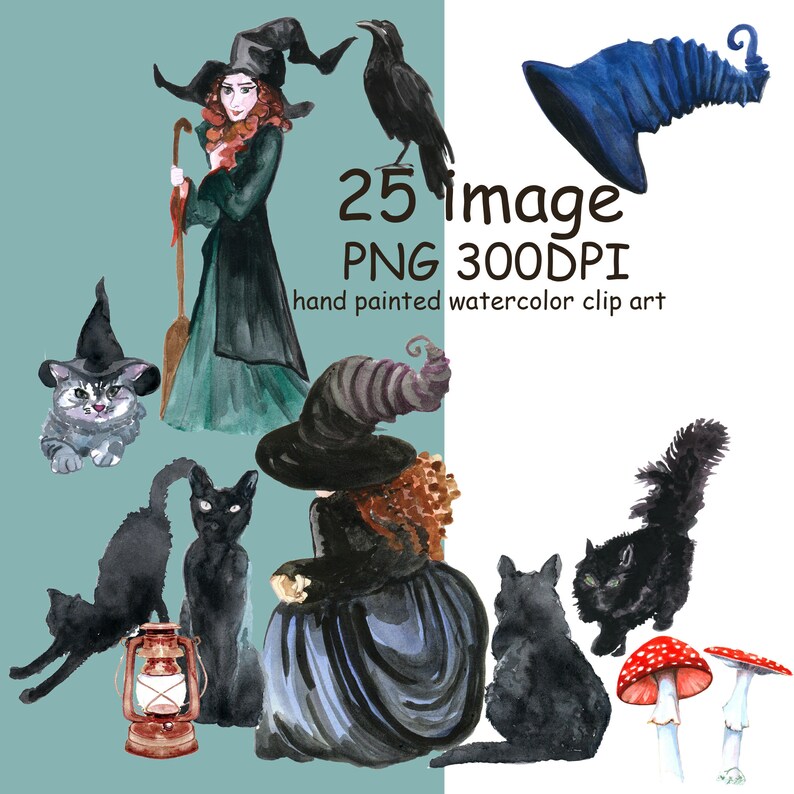 Watercolor Clip Art Happy Halloween Witch Lantern Hat Broomstick Bat Black cats Pampkins clipart Halloween planner DIY elements handpaint