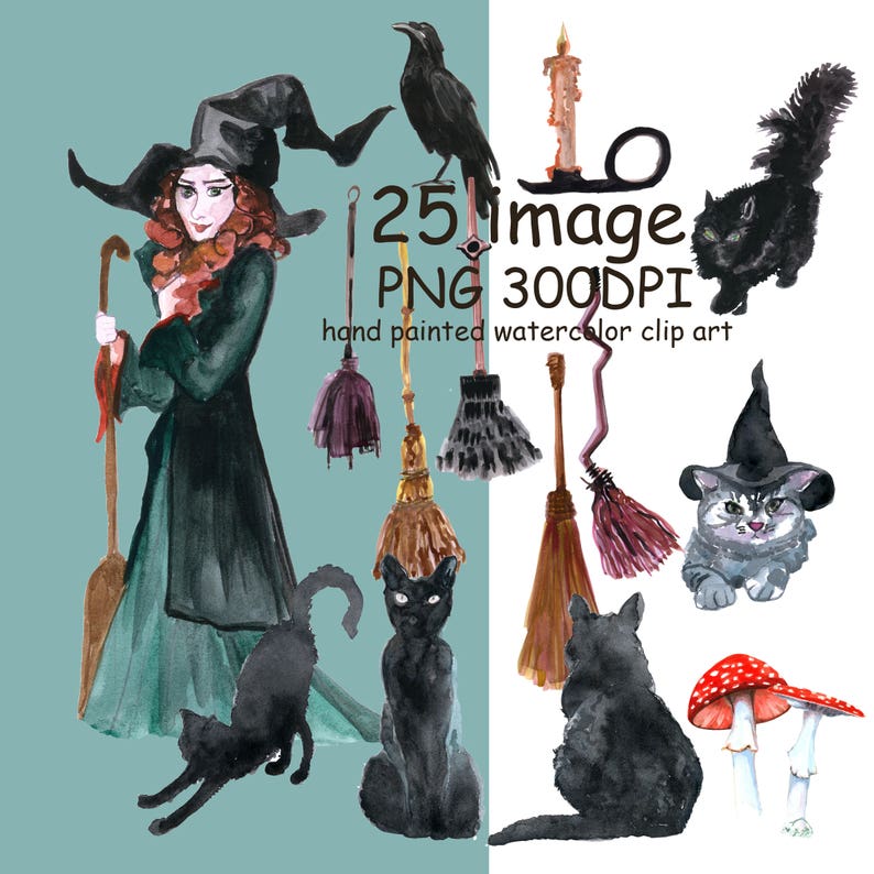 Watercolor Clip Art Happy Halloween Witch Lantern Hat Broomstick Bat Black cats Pampkins clipart Halloween planner DIY elements handpaint