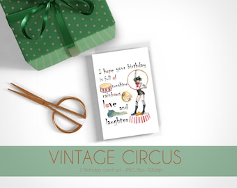 Printable vintage circus greeting card, instant digital download, watercolor hand painted card, print at home.