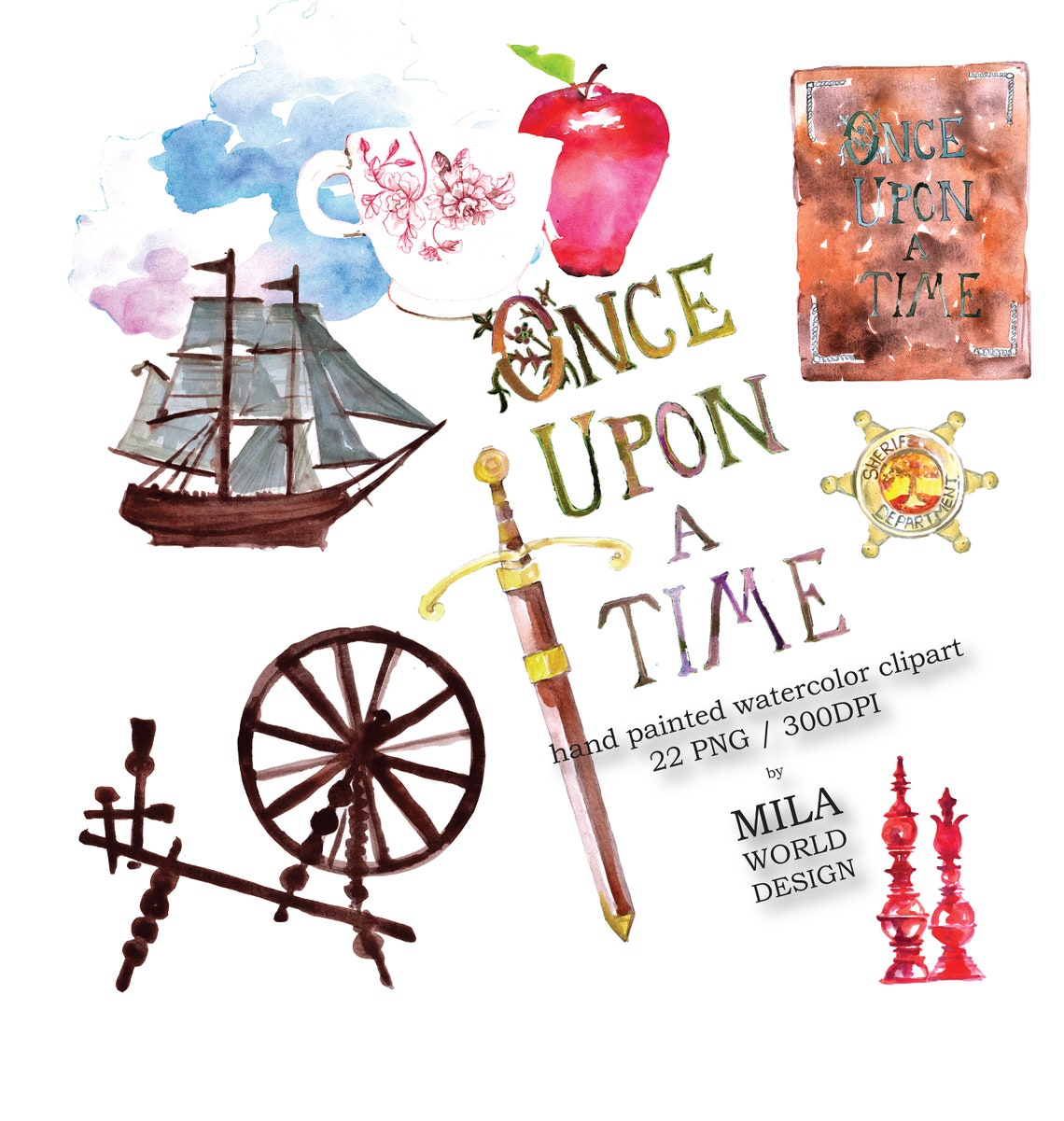 Once Upon a Time Watercolor Clip Art Hand painted Character | Etsy