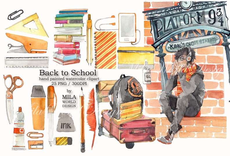Back to School Watercolor Clip Art Instant Digital Download PNG Sublimation Design High School set