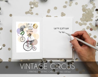 Printable vintage circus greeting card, instant digital download, watercolor hand painted card, print at home.