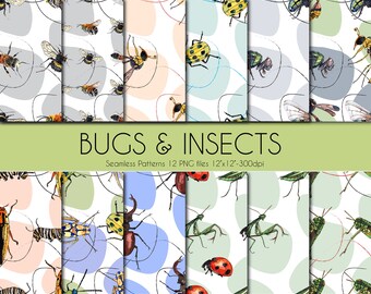 Bugs and Insects Watercolor digital paper, Bee and Wasp seamless pattern for fabric and digital scrapbooking paper