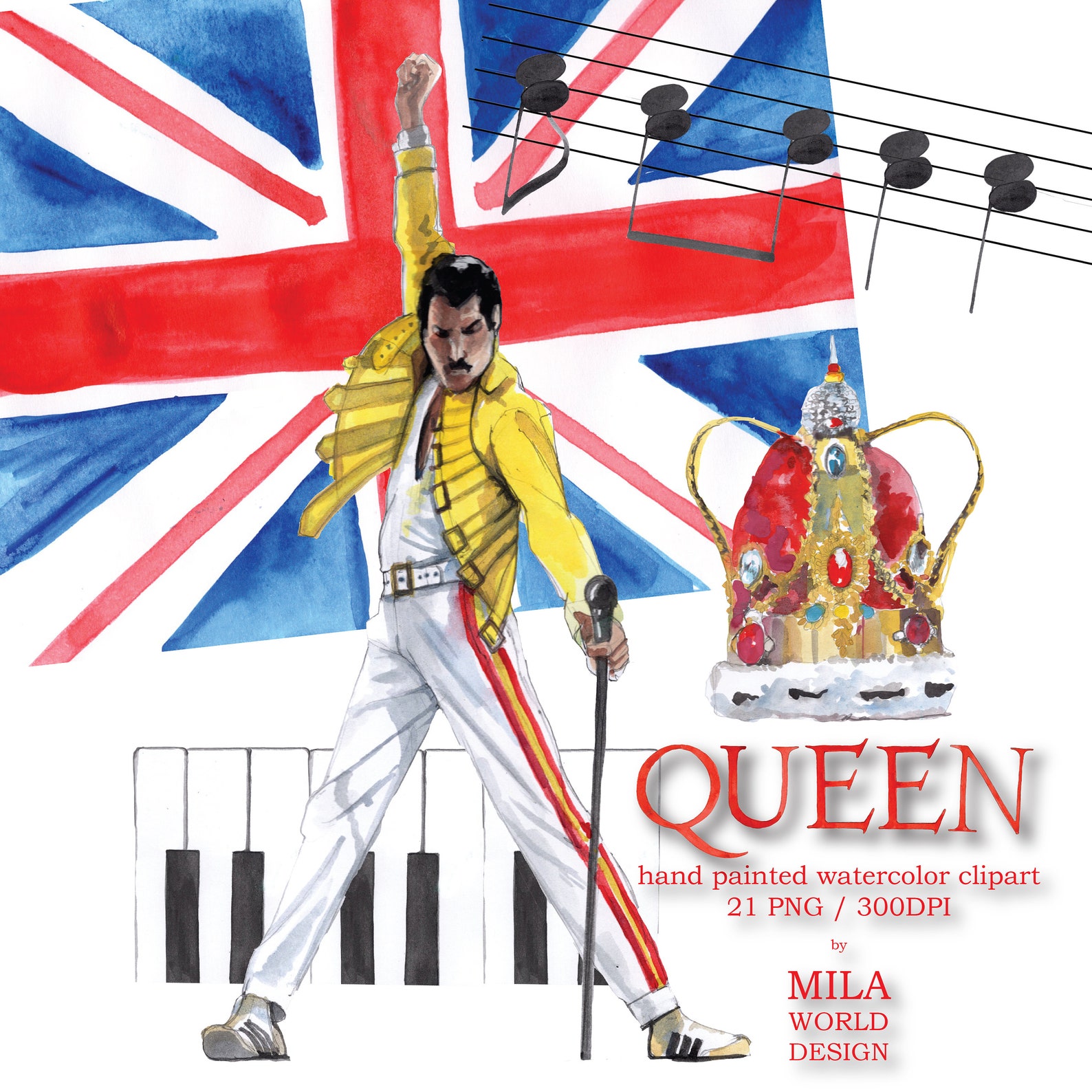 Queen Band Watercolor Clip Art Hand painted Character | Etsy