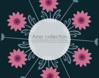 Aster and Daisy Botanical Clip Art | SVG, PNG, EPS Silhouettes, Seamless Patterns and Posters