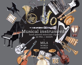 Musical Instruments Watercolor Clip Art, Hand painted Orchestra clipart, Instant download PNG file - 300 dpi