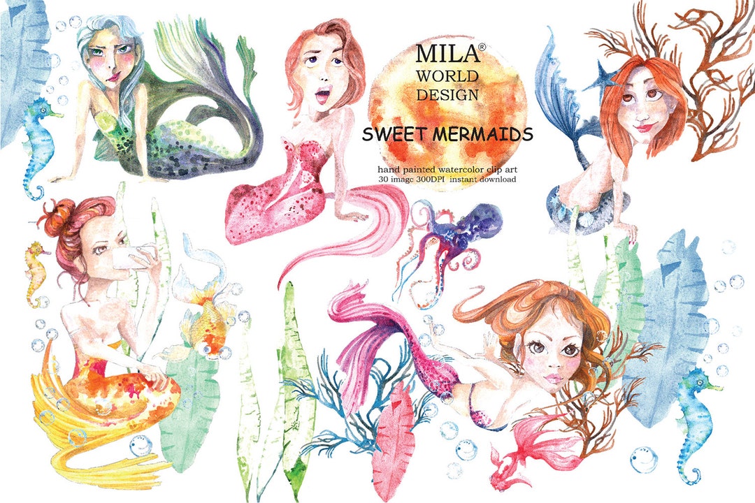 Watercolor Sweet Mermaids Clip Art Sea Ocean Tropical Hand - Etsy