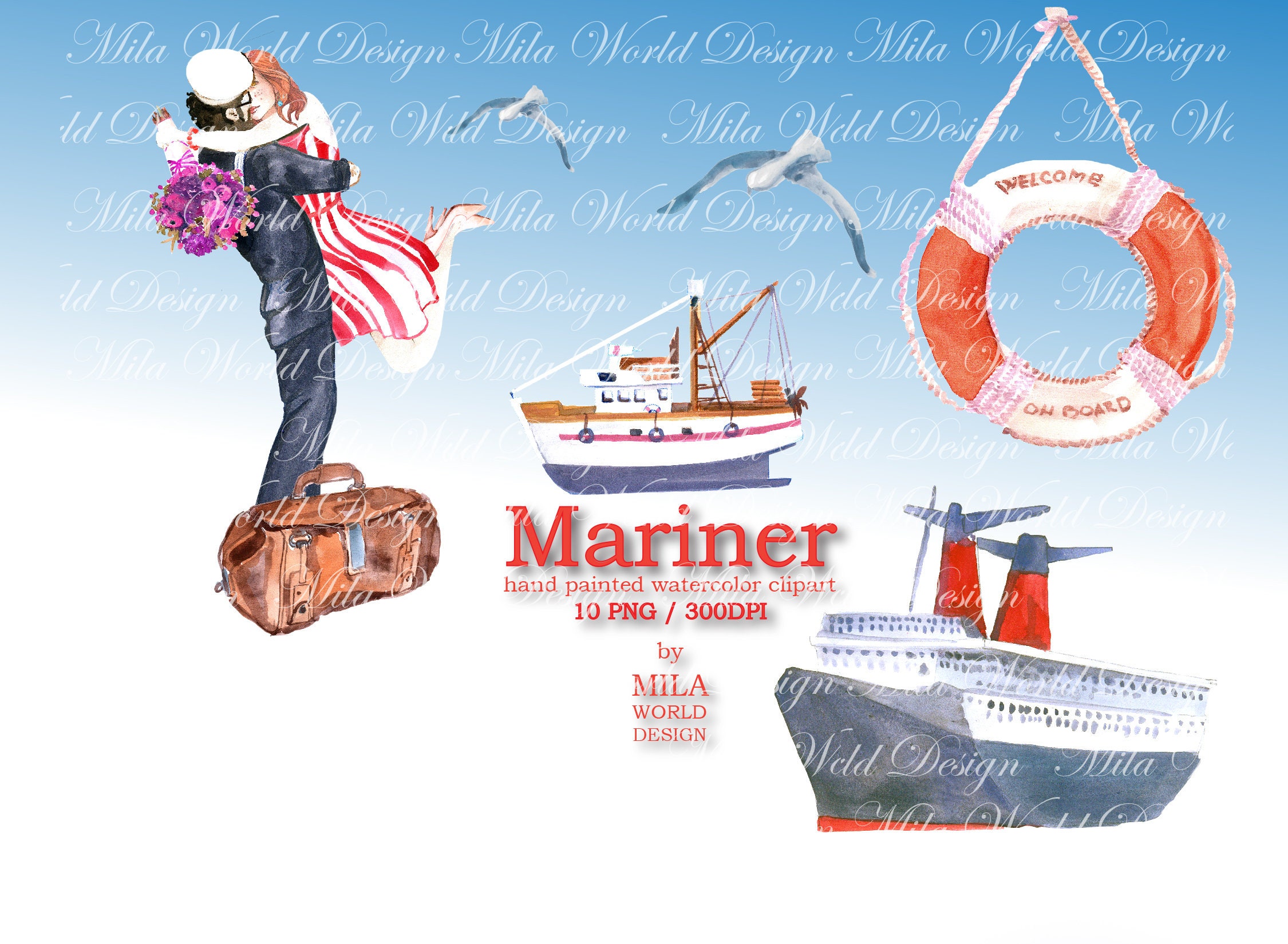 Mariner Watercolor Clip Art Sailor Illustration Hand Painted | Etsy