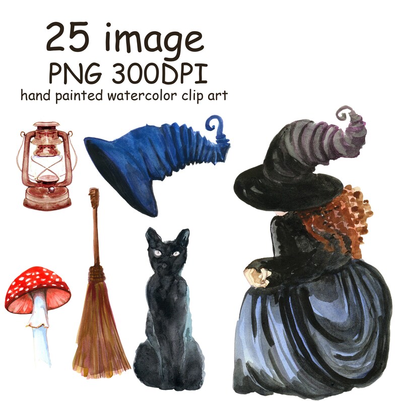 Watercolor Clip Art Happy Halloween Witch Lantern Hat Broomstick Bat Black cats Pampkins clipart Halloween planner DIY elements handpaint