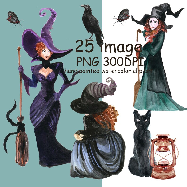 Watercolor Clip Art Happy Halloween Witch Lantern Hat Broomstick Bat Black cats Pampkins clipart Halloween planner DIY elements handpaint