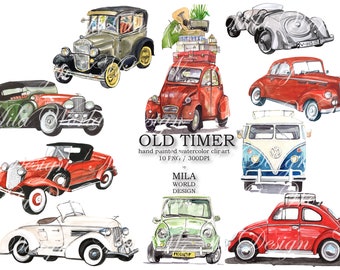 Old Timer Watercolor Clip Art, Retro Car Hand painted clipart, Instant download PNG file - 300 dpi